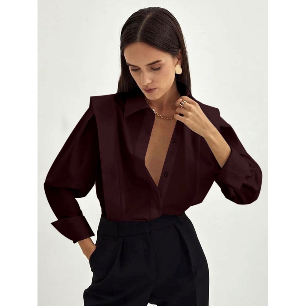 Commense Oversized Pleated Button Down Shirt Med Burgundy Cotton Long Sleeve New
